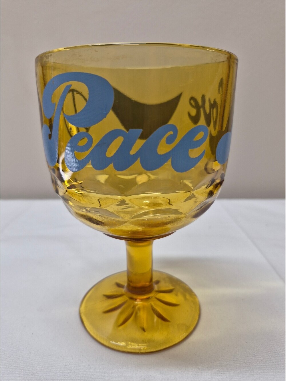 Vintage Amber Glass Goblet with Blue Peace and Love Design J24